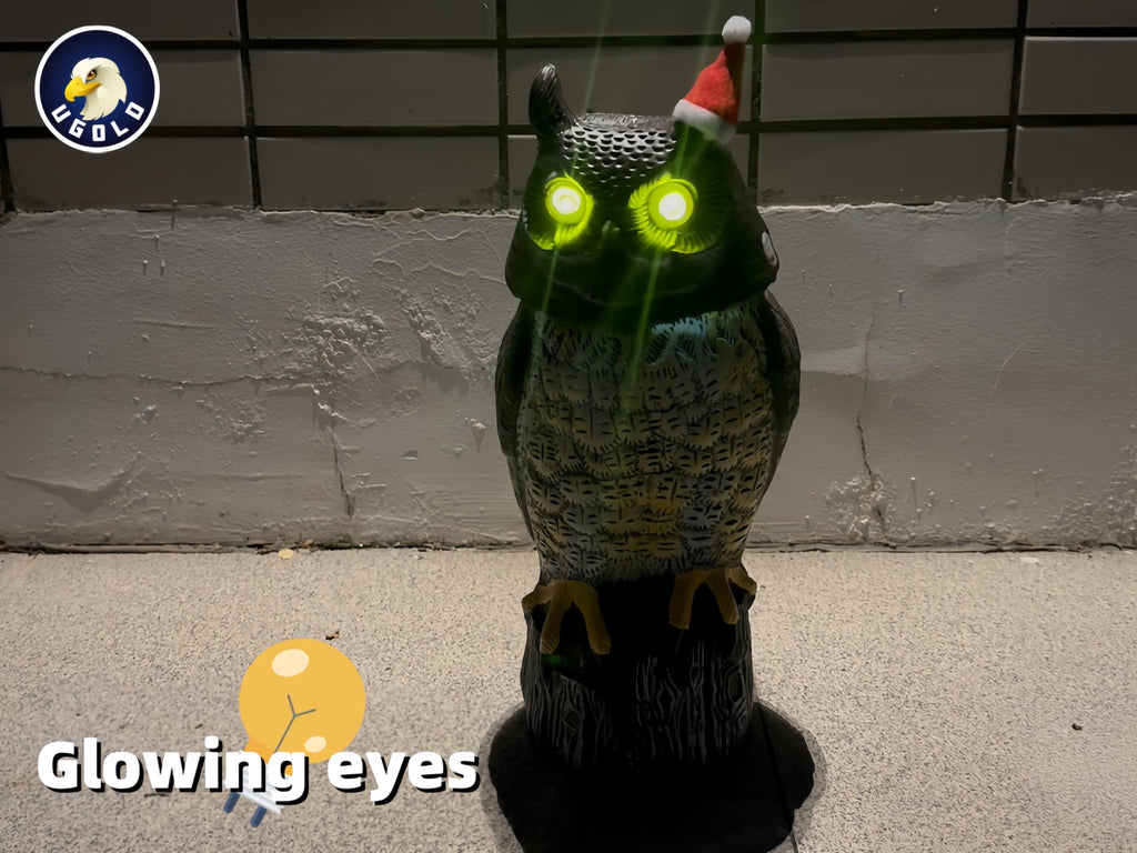Ugold Solar Powered Owl, Motion Detection, Rotating Head, Realistic Hoots and Silent Mode, Outdoor Statue, Sculpture, Owl Decoration with a Christmas Hat for Home, Garden, Patio and Lawn