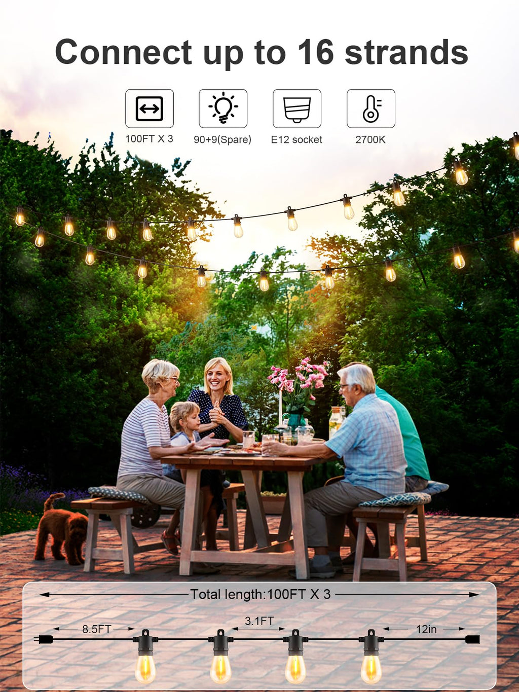 Svater Outdoor String Lights 300 FT, Patio Lights for Outside with Shatterproof Bulbs, Waterproof IP65 Commercial Hanging Light for Backyard Porch Balcony Bistro Party 3X100 FT