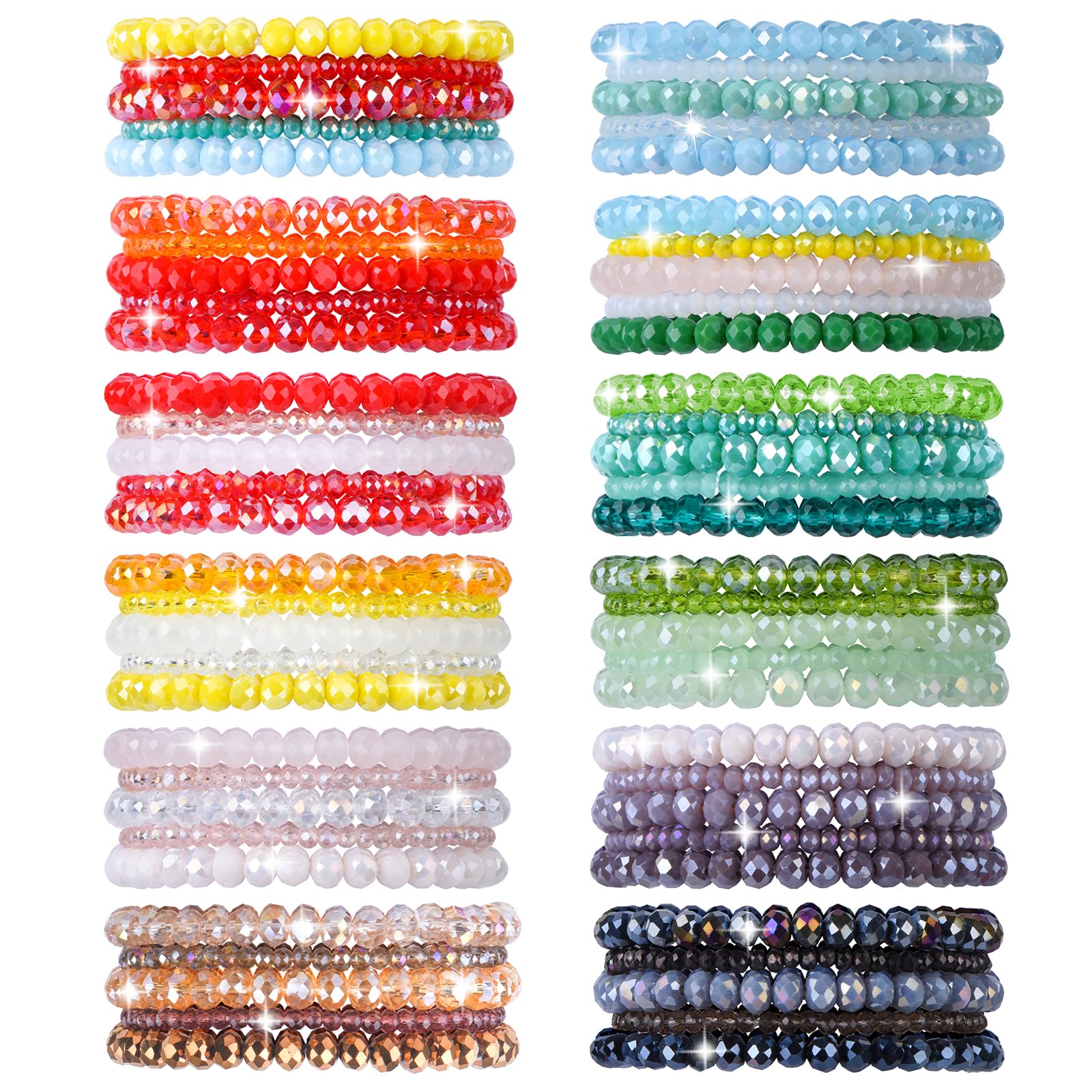 60 Pcs Crystal Beaded Bracelets Bulk, Colorful Stretch Bracelets for Women
