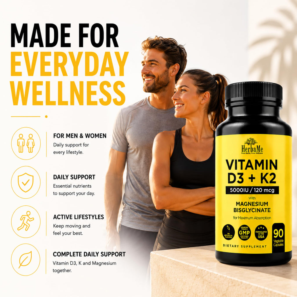 HerbaMe Vitamin D3 5000 IU + K2 with Magnesium Bisglycinate | Complete D3 Activation & Absorption Support Formula | Bone, Muscle & Immune Wellness | 90 Capsules