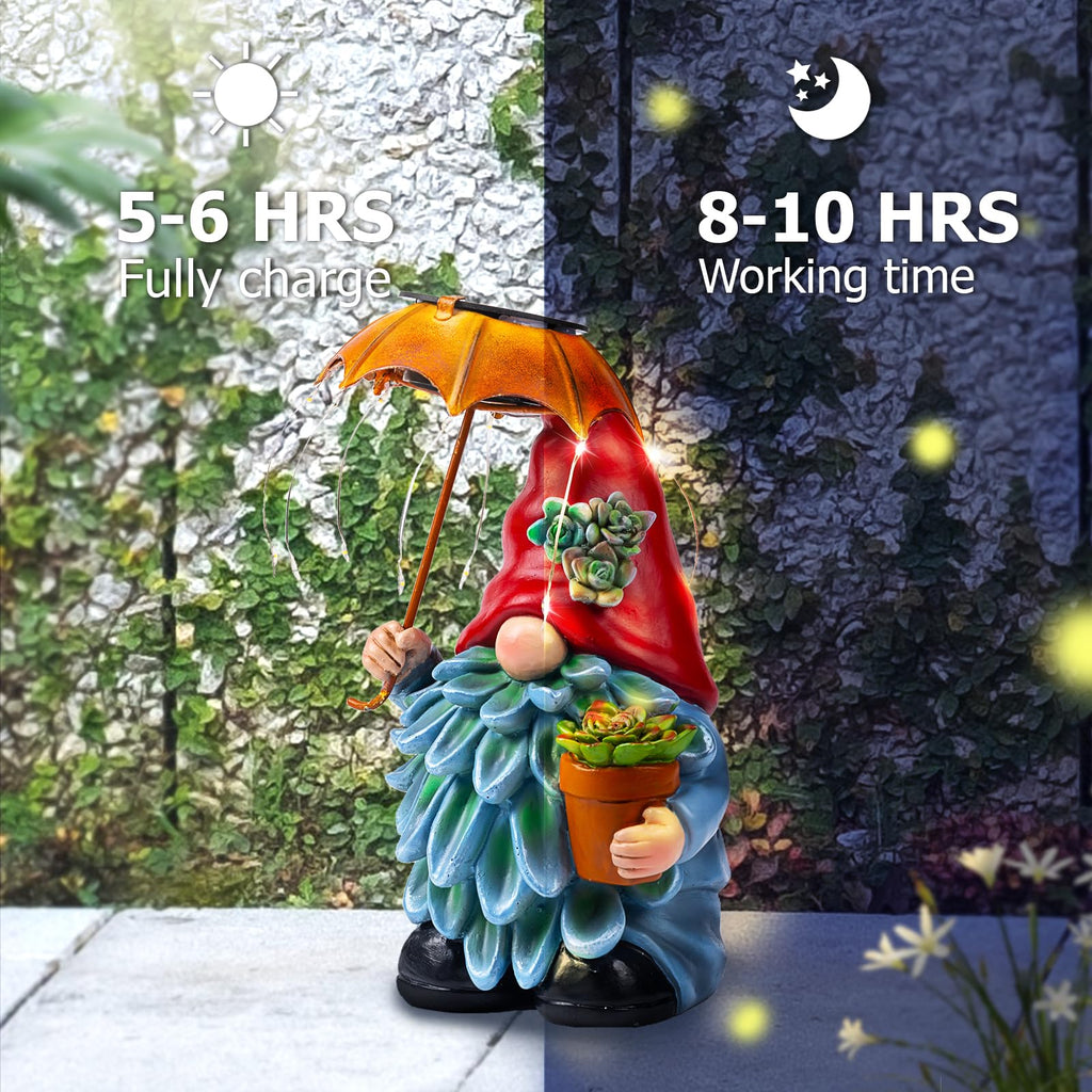 SUCUY Solar Outdoor Statues Gnome Garden Decor, Garden Gnome with Solar LED Umbrella Decorative for Patio, Balcony, Lawn, Yard Ornament - Christmas Gardening Gifts for Mom Grandma