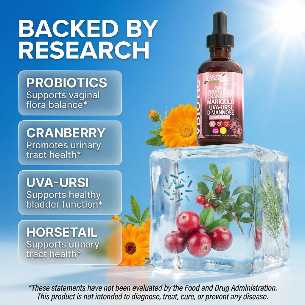 Clean Nutraceuticals VBiotic Vaginal Probiotic for Women Liquid Drops | Cranberry Uva Ursi Horsetail D-Mannose Prebiotics Marigold & Black Cohosh Vaginal Health Supplement | pH Balance
