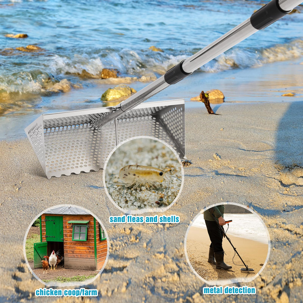 Sand Flea Rake, Stainless Steel Sand Sifter, Shark Tooth Sifter with A 16-Inch Wide Drain Screen for Finding Fleas,Shells and Shark Teeth