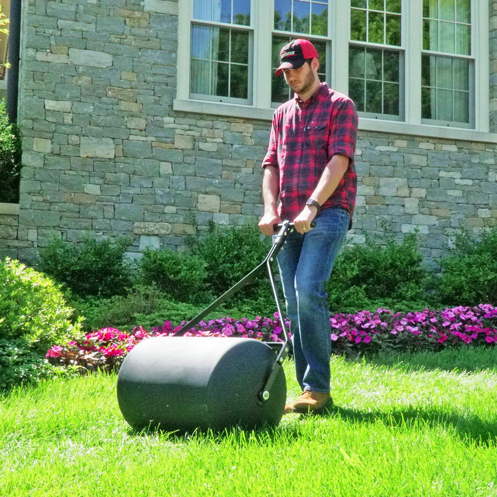 Brinly 270 lb. Combination Push/Tow Poly Lawn Roller with Easy-Turn Tethered Plug, 18 by 24" - Flat Black