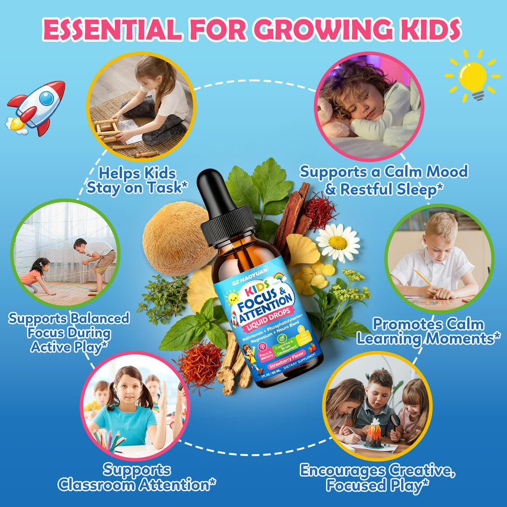 Kids Focus and Attention Supplements with Phosphatidylserine, Omega-3, Magnesium Glycinate, L-Theanine, Folate, Brain Vitamins Liquid Drops for Kids Memory, Cognitive, Sleep & Mood,Strawberry,2 Fl Oz