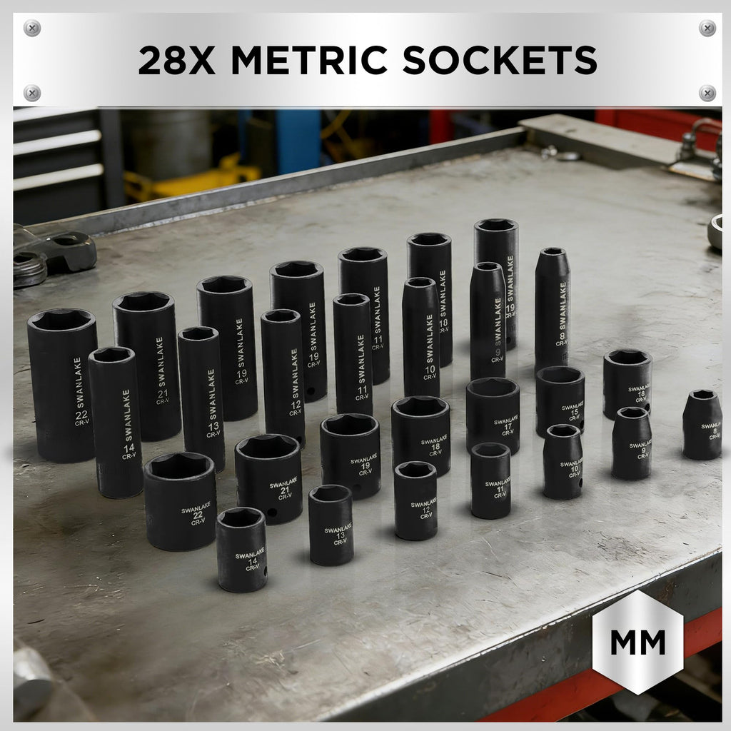 SWANLAKE 3/8'' Drive Impact Socket Set, 50-Piece Standard SAE (5/16 to 3/4 inch) and Metric (8-22mm) Size, 6 Point, Cr-V, 3/8-Inch Ratchet Handle, Extension Bar, Universal Joint