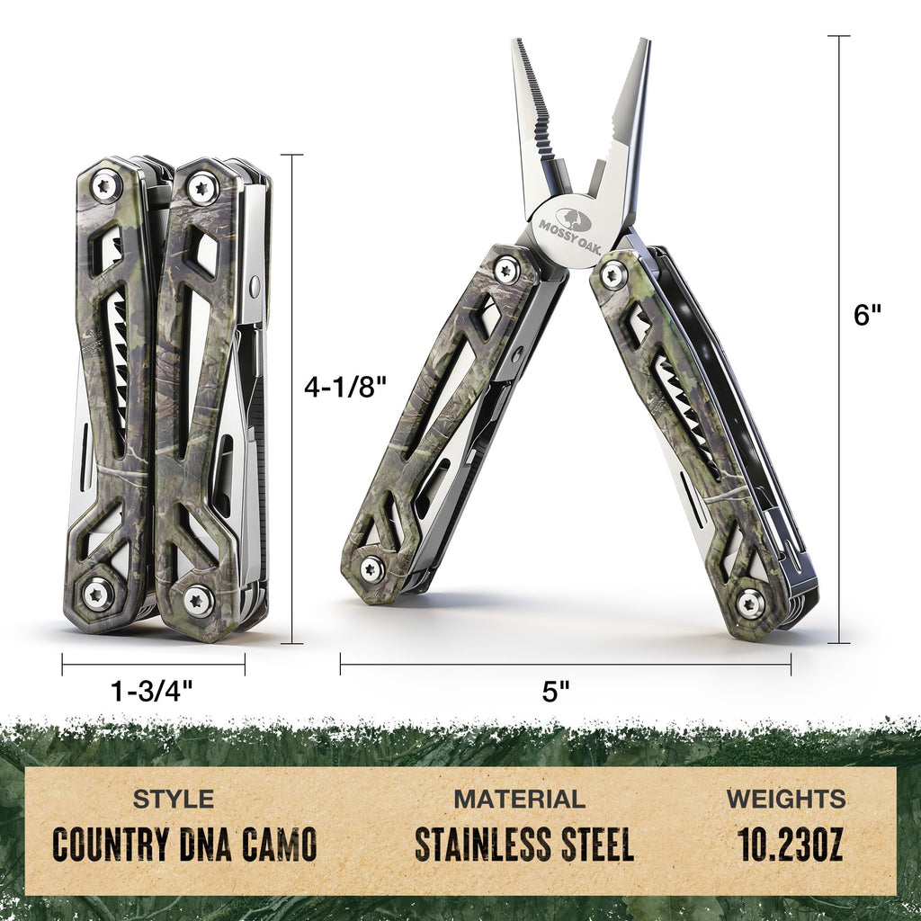 MOSSY OAK Multitool, 22-in-1 Stainless Steel Pliers with Screwdriver Sleeve, Camo Steel Handle, Self-locking Knife with Sheath-Perfect for Outdoor, Survival, Camping, Hiking, Simple Repair