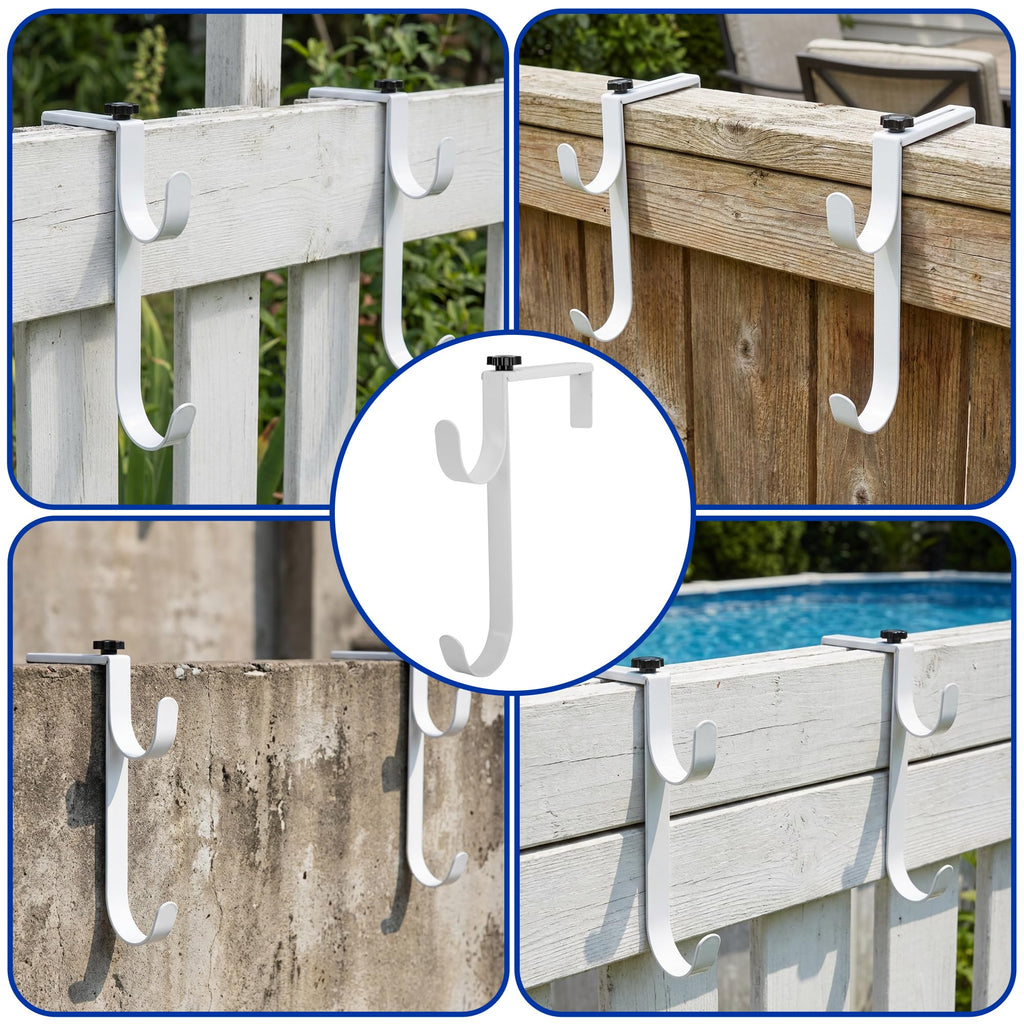 2 Pcs Double Pool Fence Hooks for Pool Equipment, Adjustable Pool Pole Hanger Holder, Rustproof Swimming Pools Skimmer Pole Hooks for Hanging Tool, Hose, Leaf Rakes, Nets Pool-Accessories (White)
