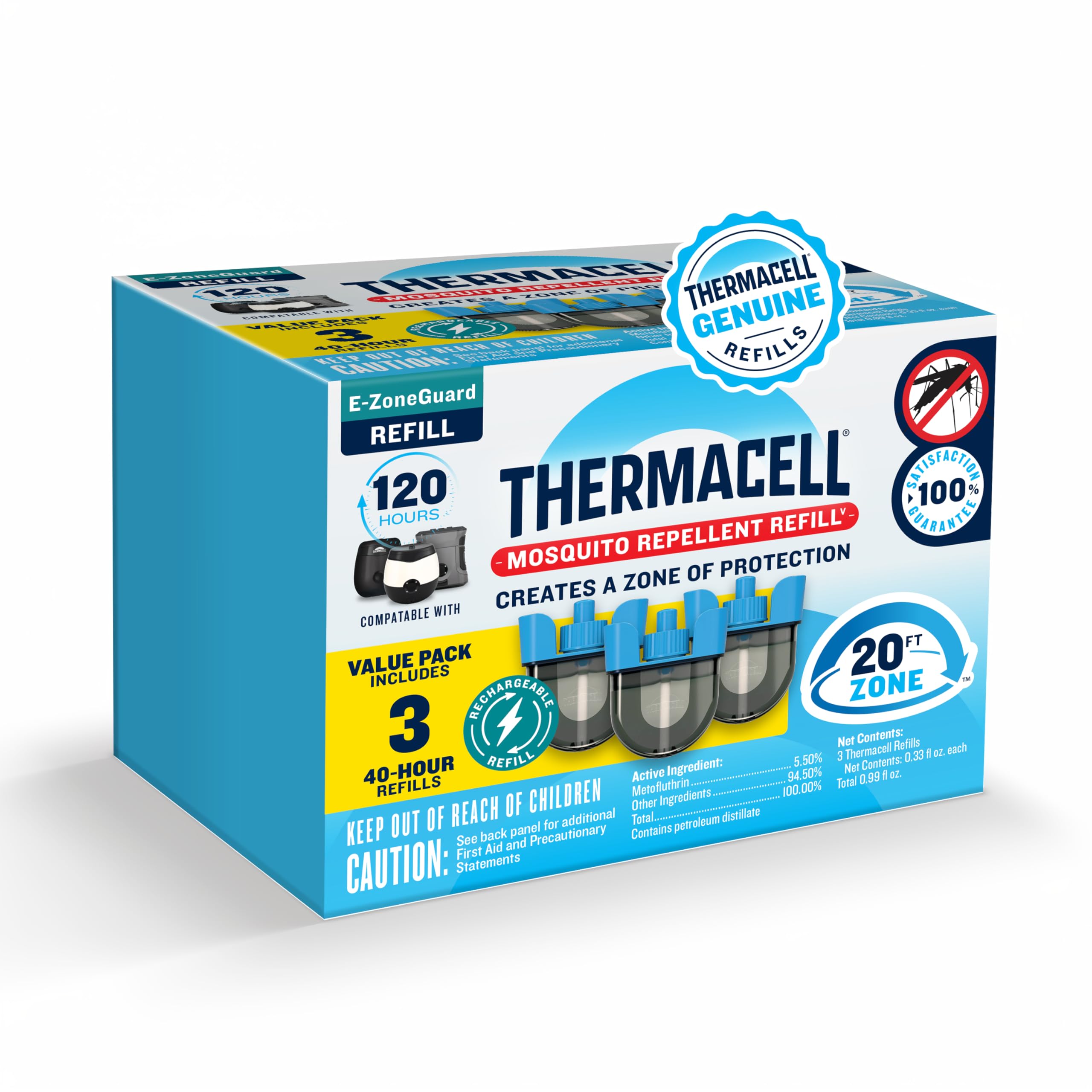 Thermacell E-ZoneGuard Mosquito Repellent Refill with 20-Foot Zone of Scientifically Proven Outdoor Protection; Rechargeable; 120-Hr Refill; Bug Spray Alternative; Scent Free; DEET-Free