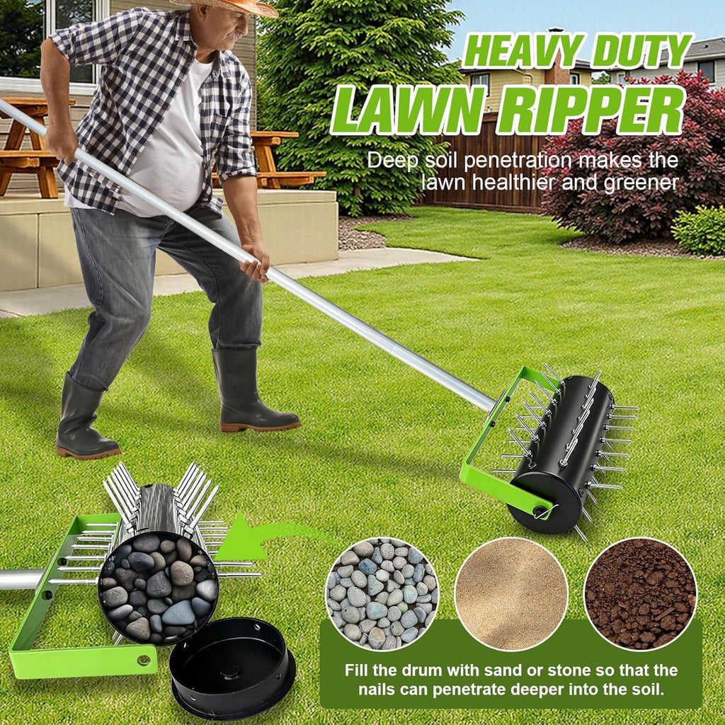 Failenfeivp Rolling Lawn Aerator Tool Heavy Duty Manual Push Aerator Lawn Tool with 42 Spikes Lawn Aerator Spike Tool for Maintaining Garden Yard Soil Health(Green,70IN)