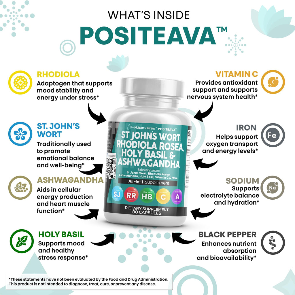 Clean Nutraceuticals St Johns Wort Rhodiola Rosea Holy Basil Ashwagandha - Mood Support for Women and Men with Vitamin C & Black Pepper Extract - 90 Caps