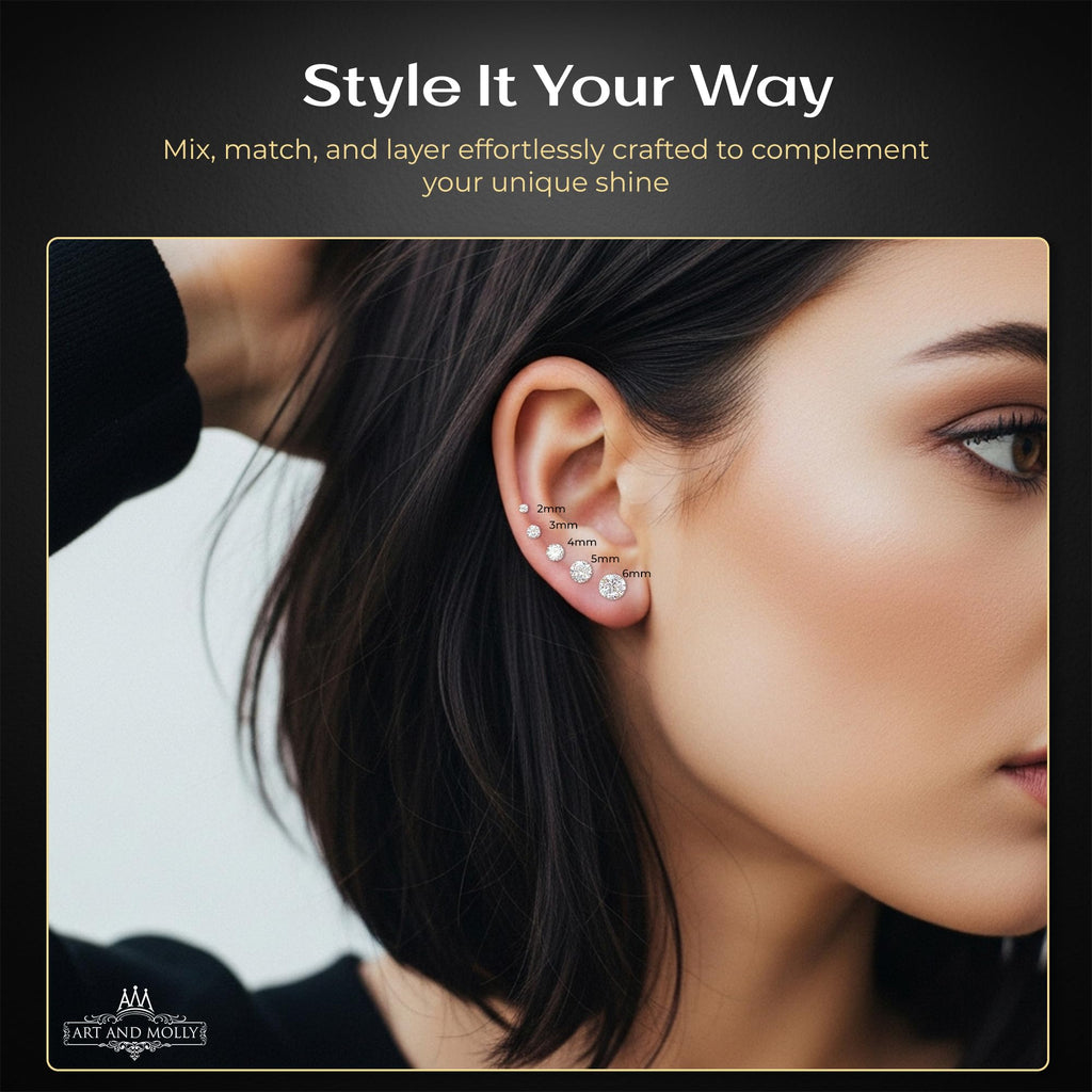 14k Yellow Gold Solitaire Round Cubic Zirconia Stud Earrings Basket-set CZ with Screw On Secure Screw-backs, 4mm