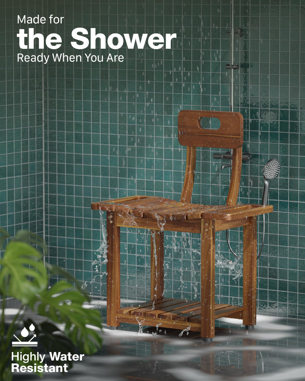 BLUEWEST 23.4'' Shower Chair with Backrest Bath Chair for Inside Shower or Tub, Heavy Duty 450 lbs Support, Non-Slip Feet, Shelf Storage, Built-in Handles for Elderly or Adults (Acacia)