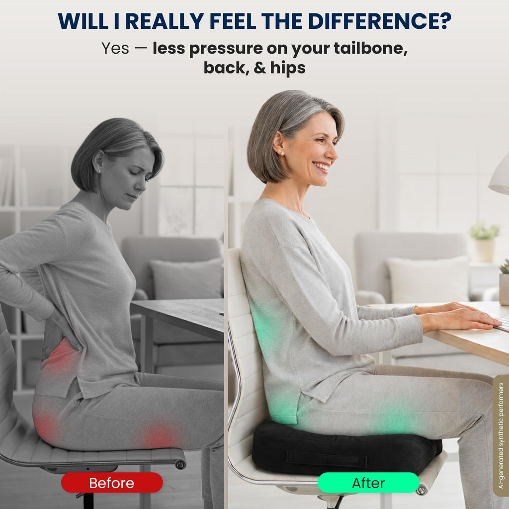 5 STARS UNITED Seat Cushion - Memory Foam for Tailbone Pain Relief - Ergonomic Support for Coccyx, Sciatica & Butt - Wheelchair, Office, Desk & Gaming Chair, Car Seat, Airplane, Black