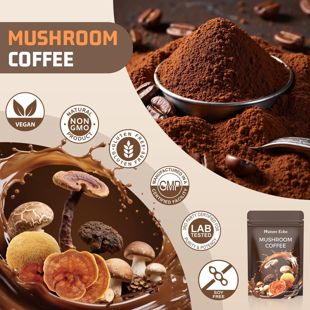 Mushroom Coffee 11 in 1 Mushrooms with Ashwagandha, Lion's Mane, Reishi, Cordyceps, Shiitake, King Oyster & Turkey Tail,Instant Coffee Powder for Energy, Focus, Memory & Immunity Support(30 Servings)