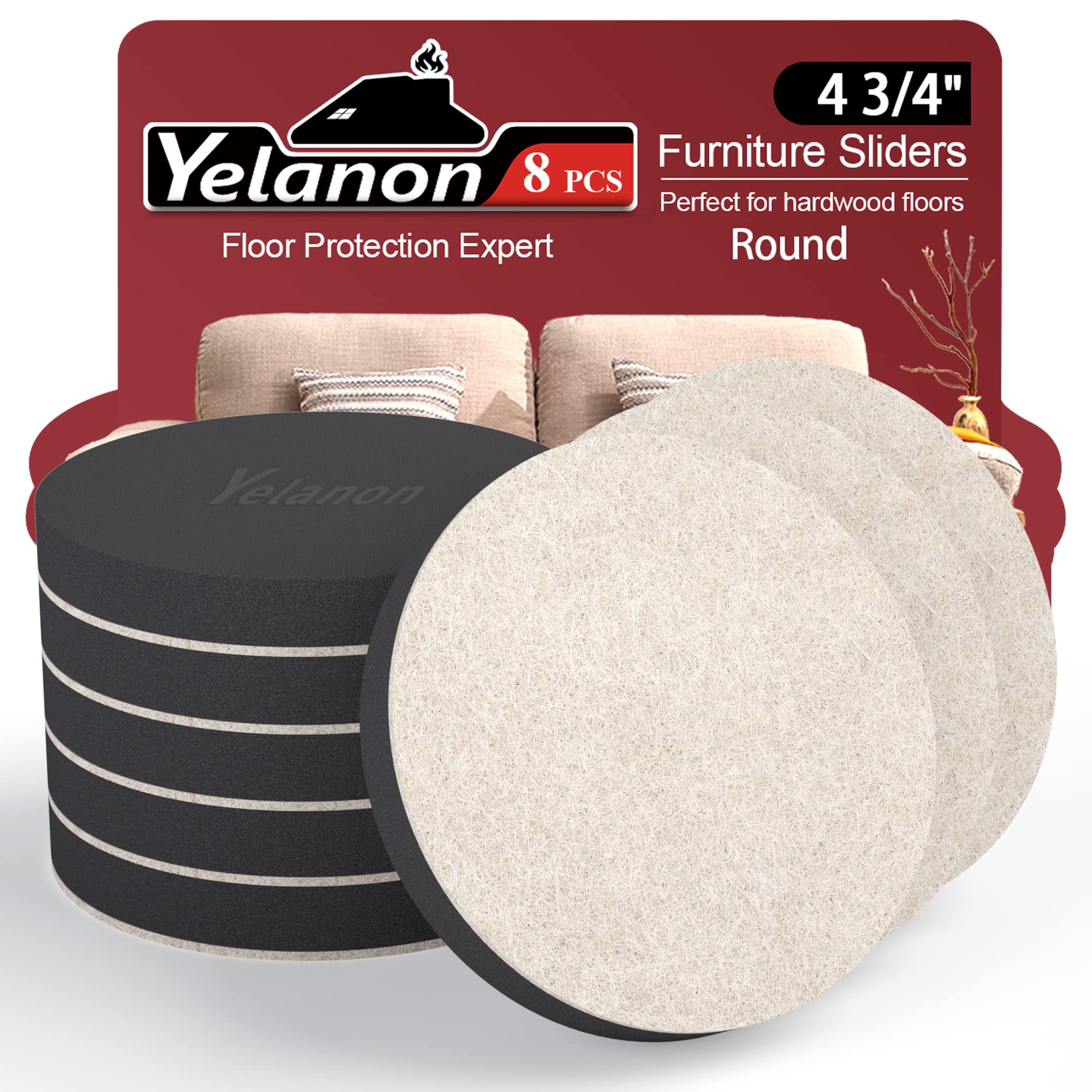 Yelanon Felt Furniture Sliders, 8pcs 4 3/4” Furniture Sliders for Carpet Pads Hardwoods Floors, Heavy Furniture Movers Sliders, Reusable Furniture Moving Pads, Floor Protectors for Carpet
