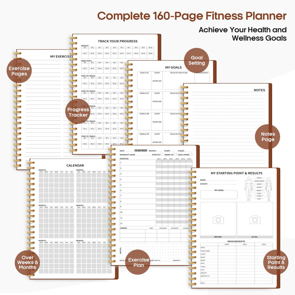 Fitness Workout Journal for Women & Men, A5(5.5" x 8.3") Workout Log Book Planner for Tracking, Progress, and Achieving Your Wellness Goals-Rust Brown