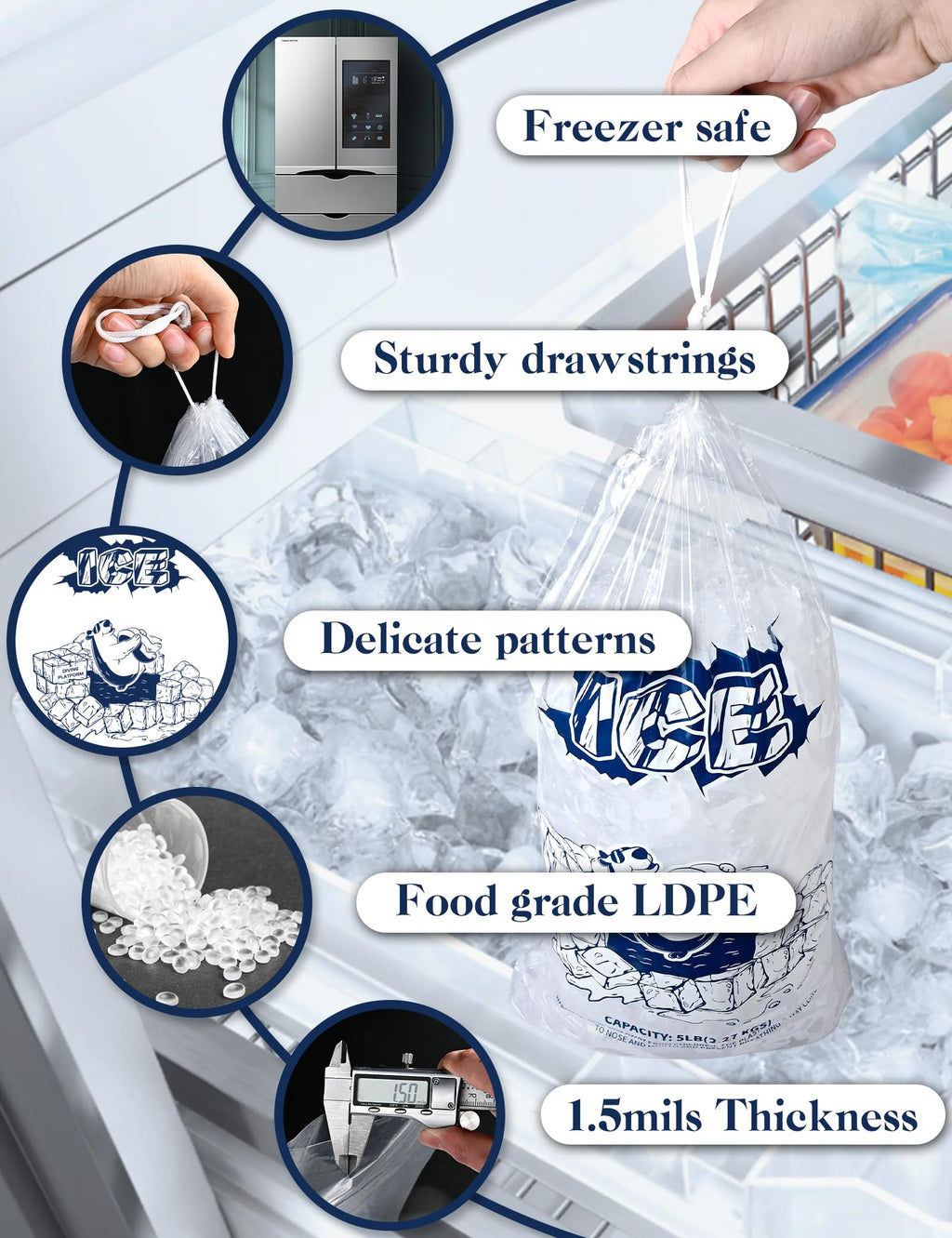 FireKylin 50Pcs 10 lb Drawstring Ice Bags for Ice Storage, Reusable