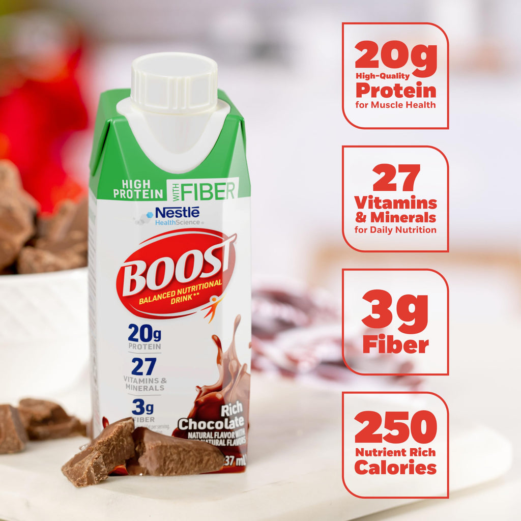 BOOST High Protein with Fiber Ready to Drink Complete Nutritional Drink, Rich Chocolate, Gluten Free, 8 fl oz Bottle, 24 Pack