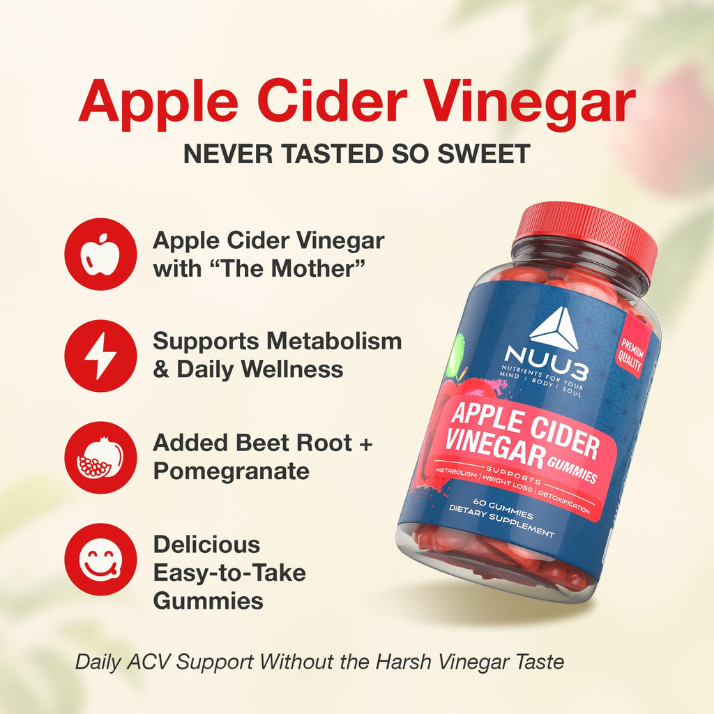 NUU3 Apple Cider Vinegar Gummies - Support for Energy, Immunity & Gut Health - Folate, Iodine, Pomegranate, Beet Root, Vitamins B-6 & 12 - (60 Count, Pack of 1)