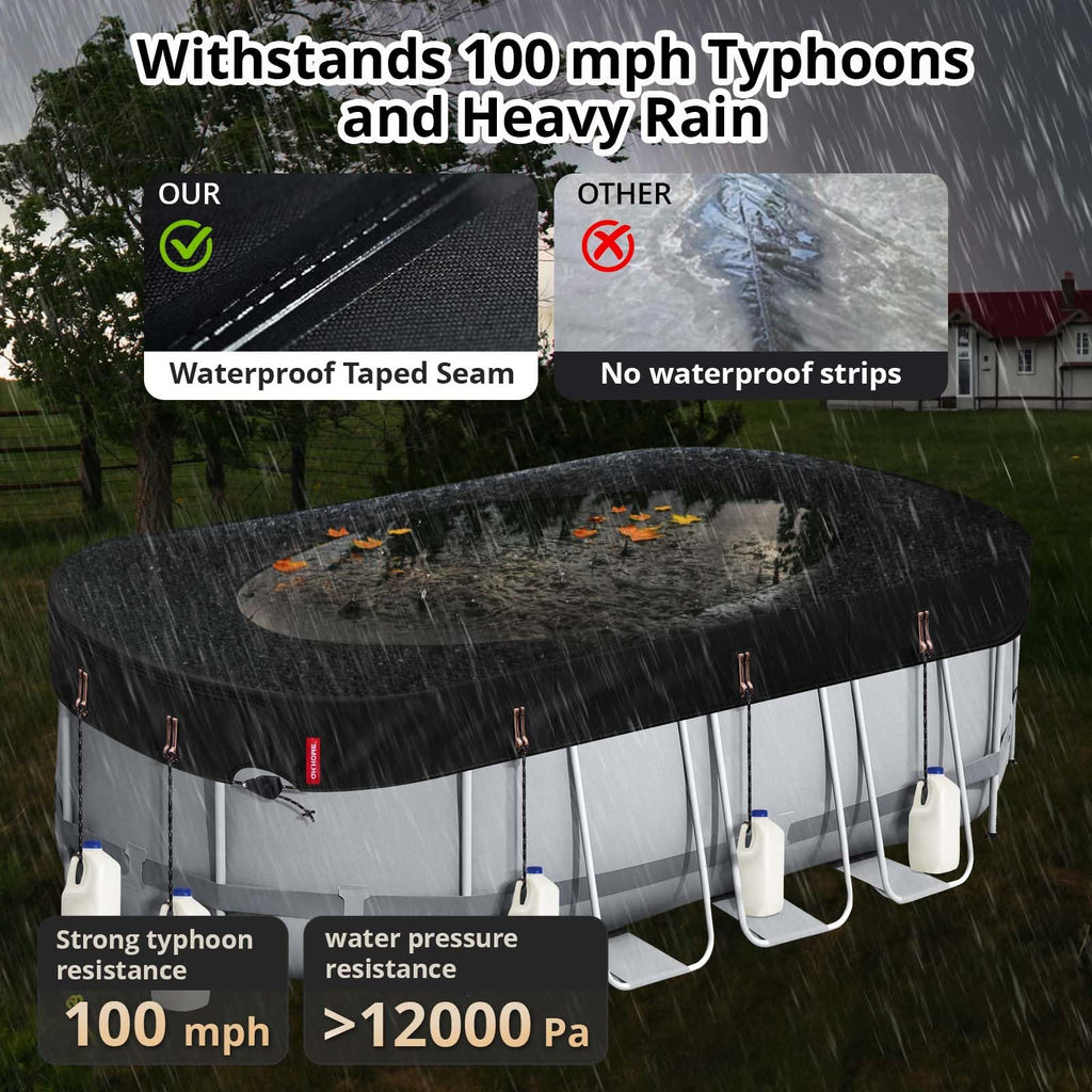QH.HOME 8.2X14 ft Oval Pool Cover,Solar Cover for Above Ground Pools - Black Oxford Fabric Heats Water, Blocks Leaves & Sun, Windproof Snug Fit with Patented Ratchet & Weight Rings