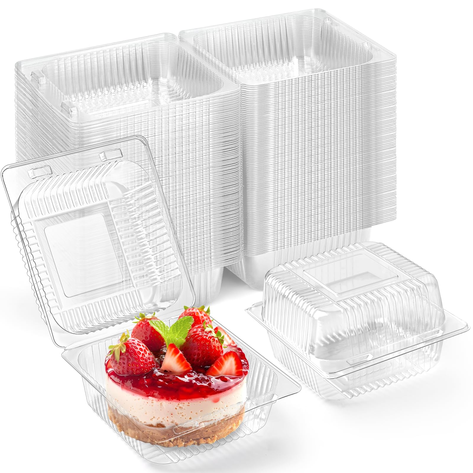 Zezzxu Disposable Square Slice Cake Containers with Hinged Lids, 200 Pack