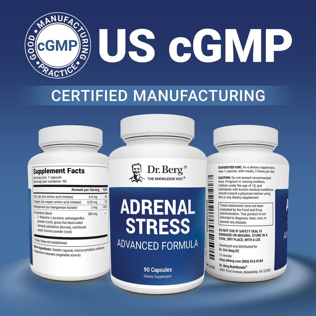 Dr. Berg’s Adrenal Stress Advanced Formula - Adrenal Support Supplements for Stress, Mood and Energy Support - Adrenal Supplements - Cortisol Manager with Ashwagandha - 90 Capsules