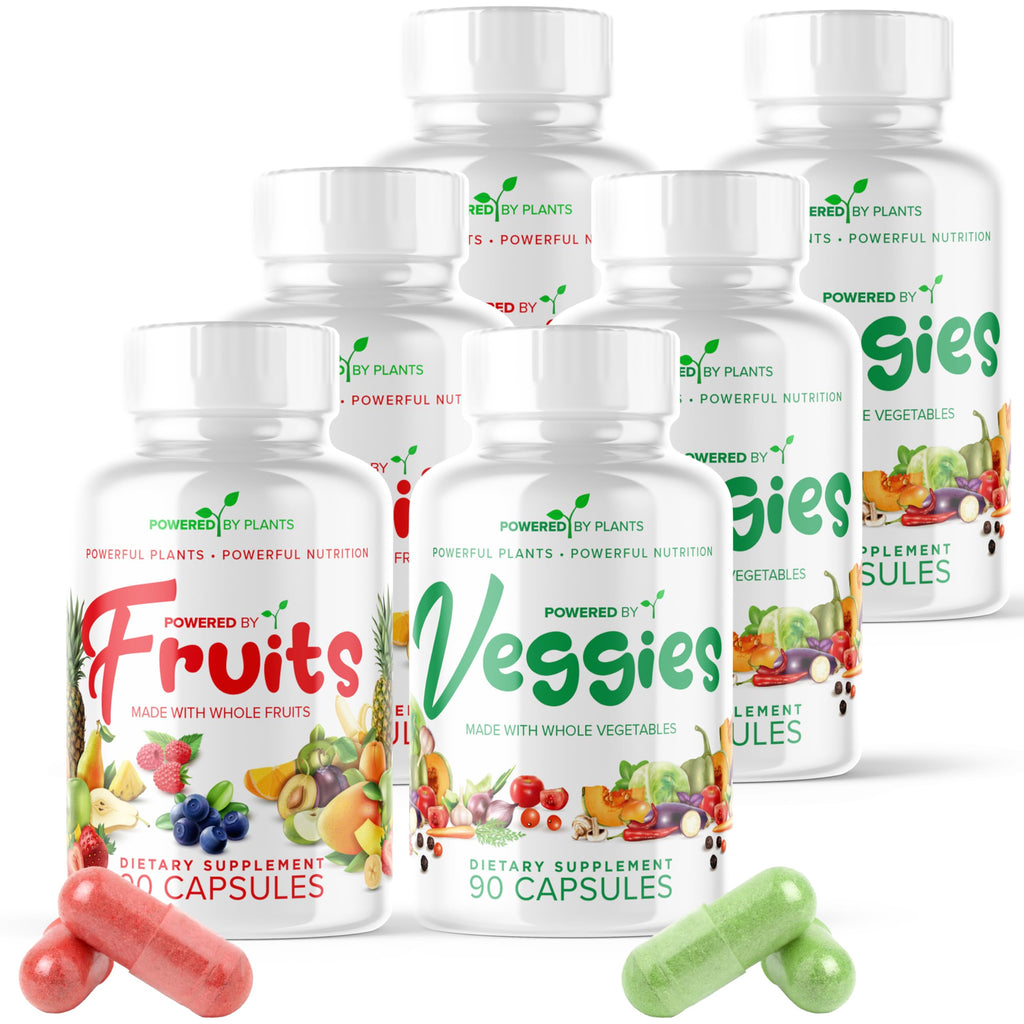 POWERED X PLANTS Fruits & Veggies Capsules - Natural Superfood Packed with Vitamins & Minerals - Fruit & Vegetable Supplements for Adults Pack of 6, 90 Capsules Each