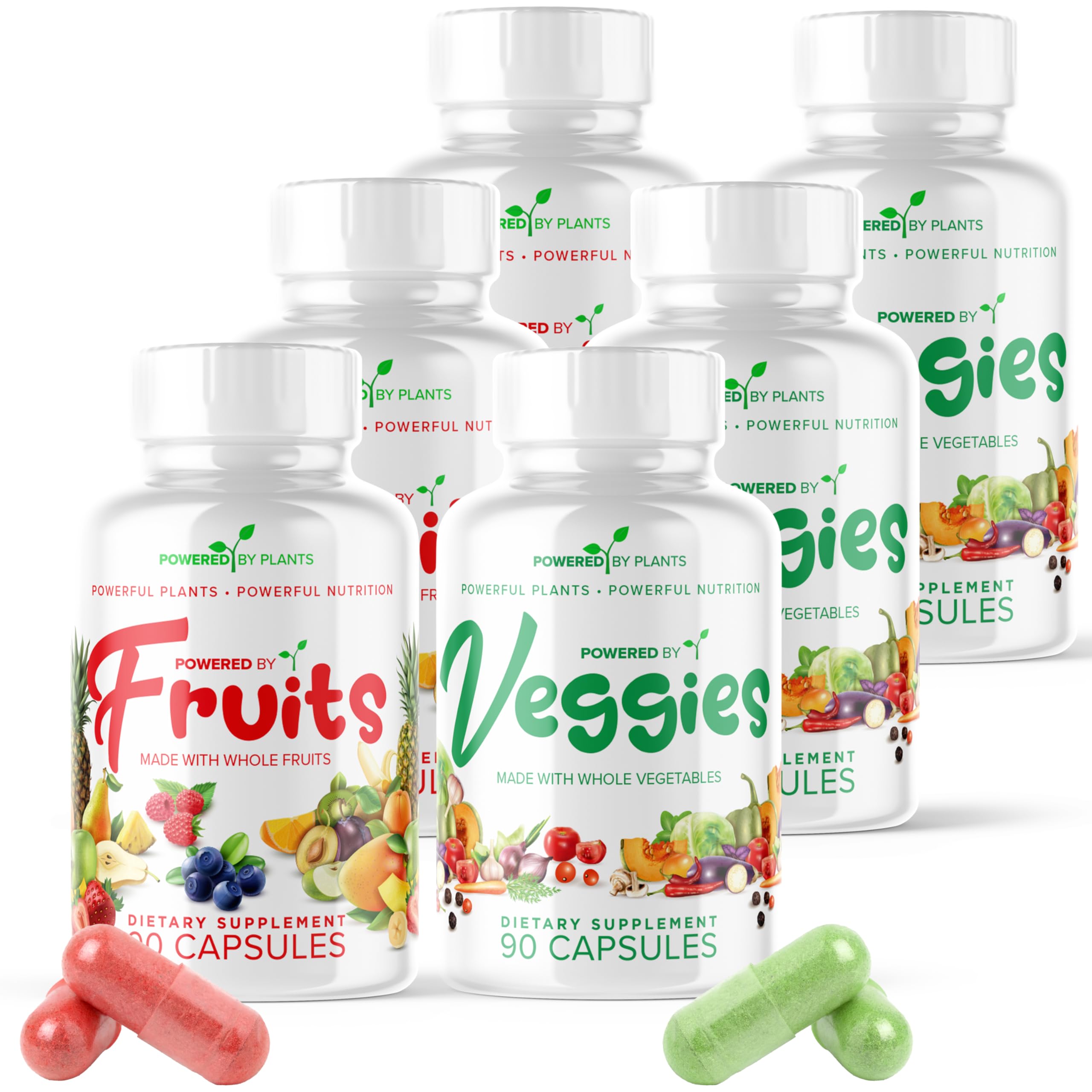 POWERED X PLANTS Fruits & Veggies Capsules - Natural Superfood Packed with Vitamins & Minerals - Fruit & Vegetable Supplements for Adults Pack of 6, 90 Capsules Each