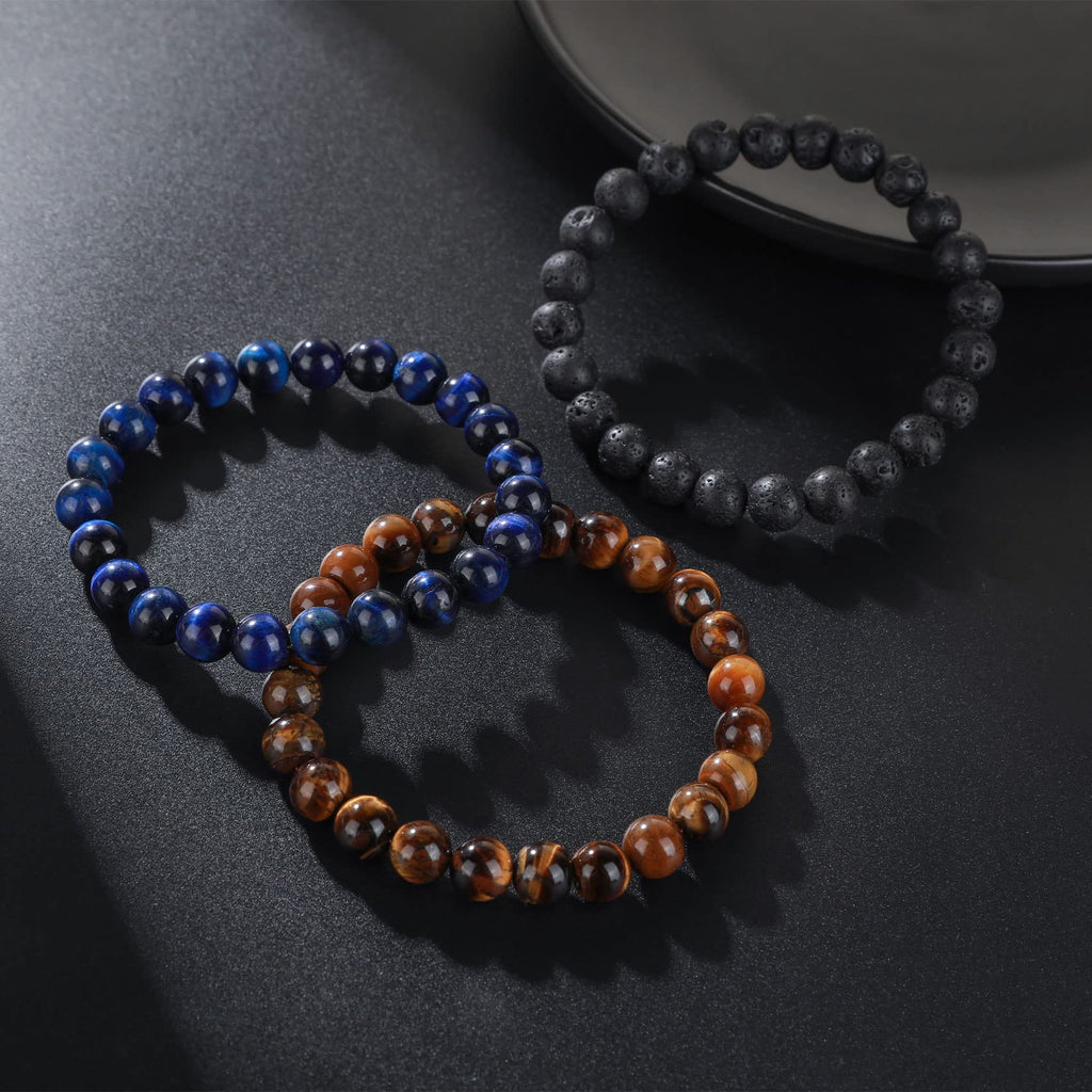 RANKEEF Tiger Eye Bracelet For Men 8MM Natural Stone Beads Bracelet Set Stretch Lava Rock Bracelets Adjustable Black Crystal Beaded Bracelet for Men Women Gifts