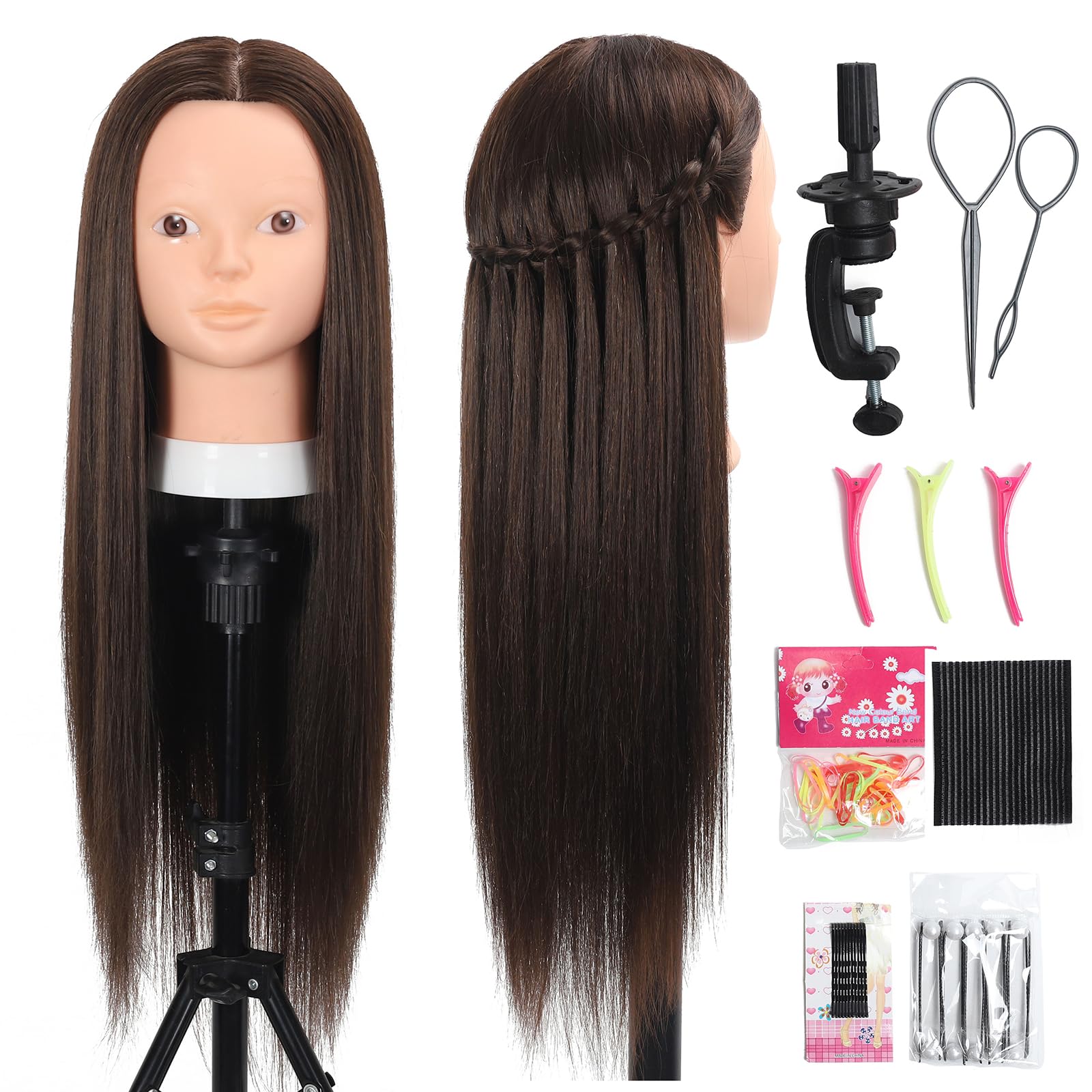 Opini 26 Inch Mannequin Head 80% Real Human Hair Styling Mannequin Doll Head Human Hair for Hairdresser Practice Hair and Makeup With Free Clamp (#4 No Makeup)