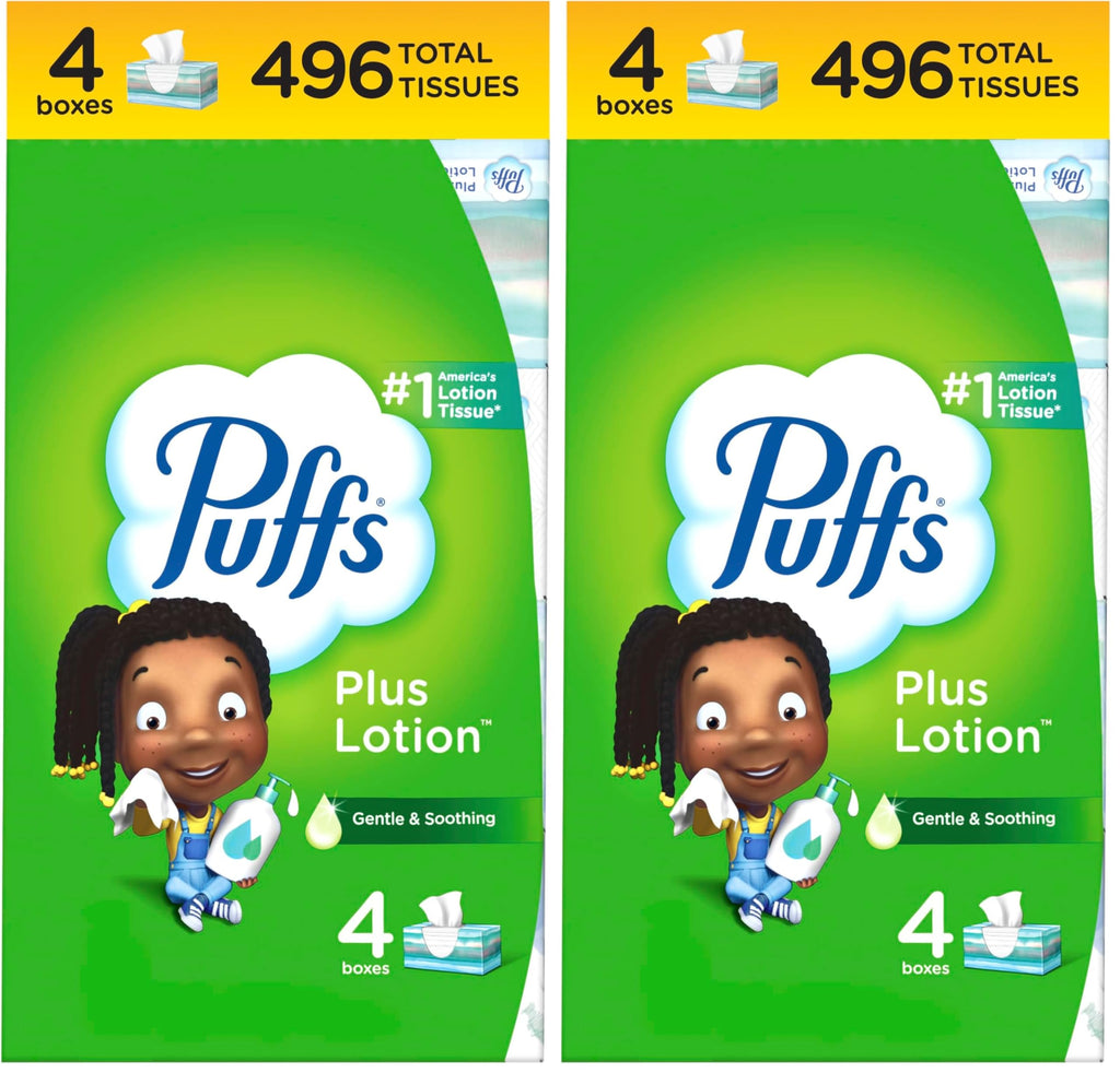 Puffs Plus Lotion Facial Tissues, 4 Family Boxes, 124 tissues per box (Pack of 2)