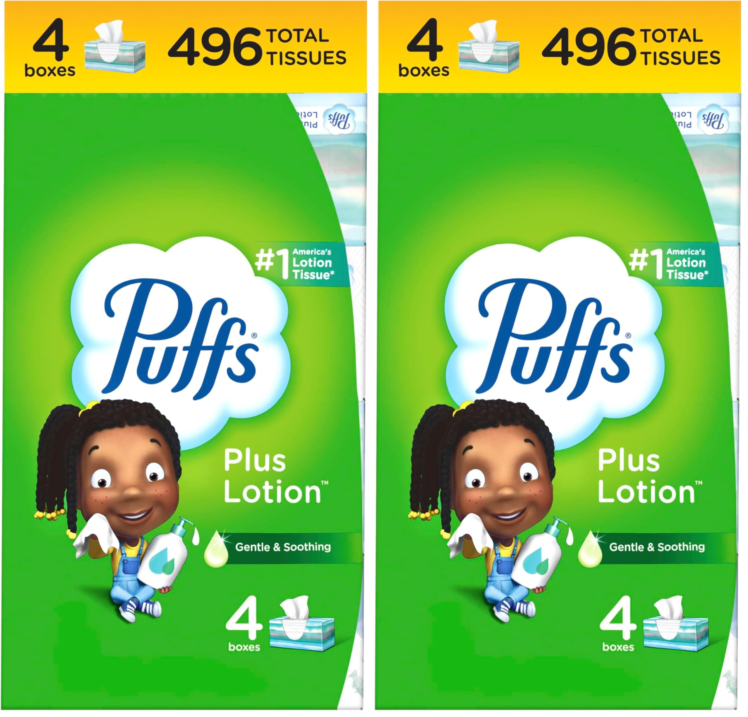 Puffs Plus Lotion Facial Tissues, 4 Family Boxes, 124 tissues per box (Pack of 2)