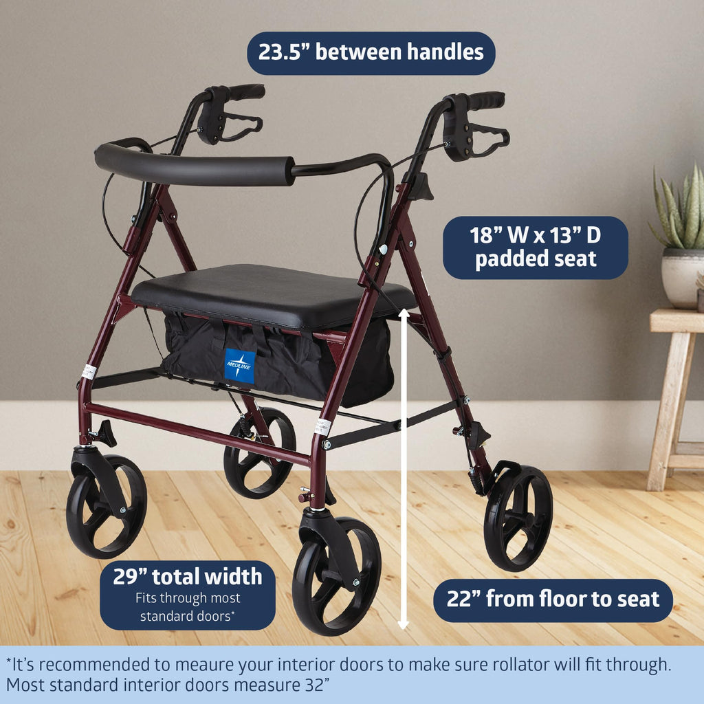 Medline Large Steel Bariatric Rollator Walker with Adjustable Handles, Padded Seat & Backrest, Burgundy, 500 lb. Weight Capacity, Foldable with Storage, 8" Wheels, Rolling Walker For Seniors & Adults