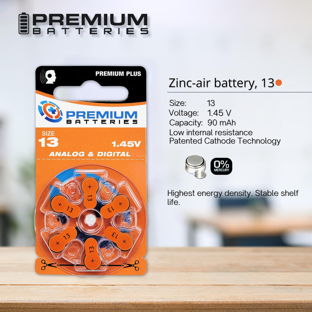 Premium Plus Size 13 PR48 Hearing Aid Batteries Orange Tab (60 Batteries)