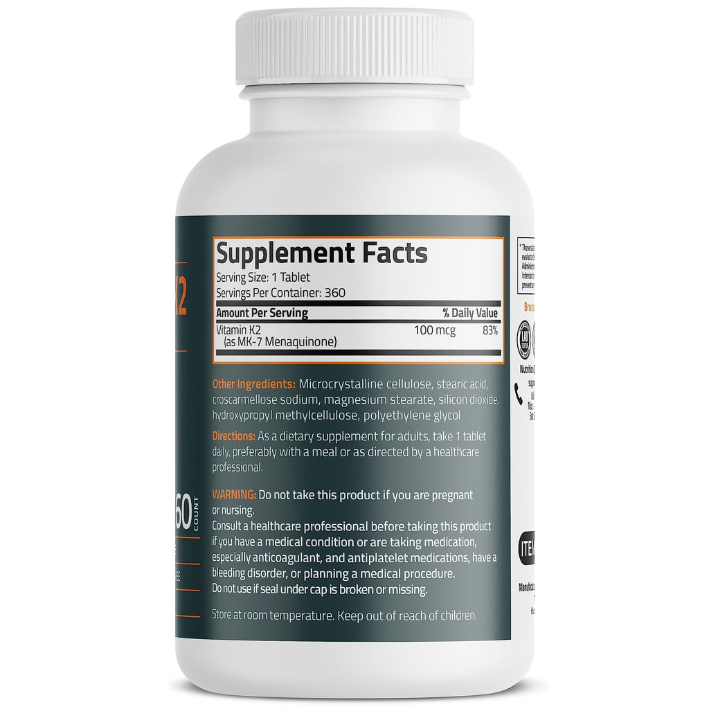 Bronson Vitamin K2 MK-7 100 MCG, K2 as MK7 Menaquinone, Bone Support 1 Year Supply, 360 Tablets