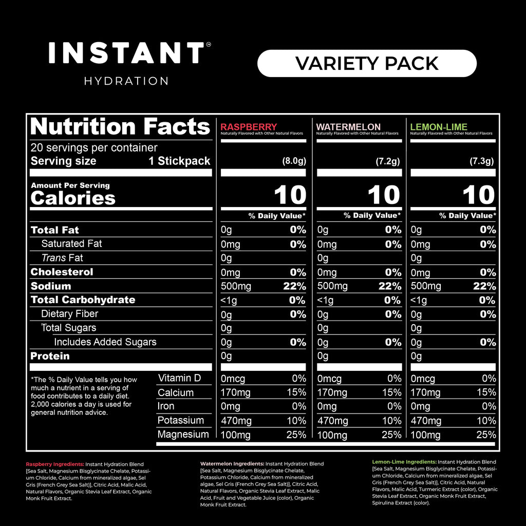 Instant Hydration Sugar Free Electrolytes Powder Packets Variety Pack - Watermelon, Raspberry, Lemon Lime Drink Mix & Travel Essentials with Magnesium and Potassium - Post Workout Recovery - 20 Sticks
