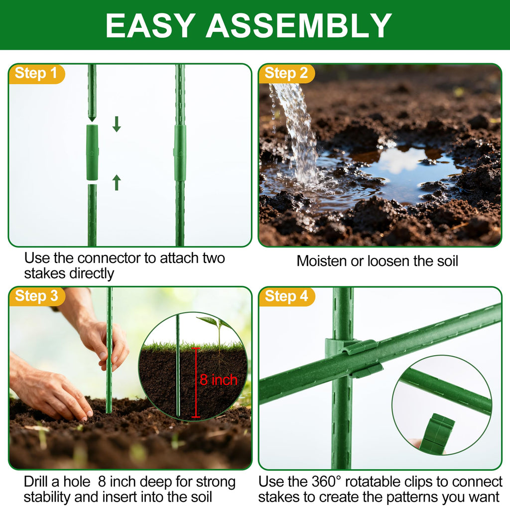 WAENLIR Garden Stakes16 Inch 48 Pack, Tomato cage DIY 4ft 5ft 6ft 7ft 8ft Plant Support Stakes with Connectors and Clips, Plastic Coated Metal Sticks for Tomato Indoor Outdoor