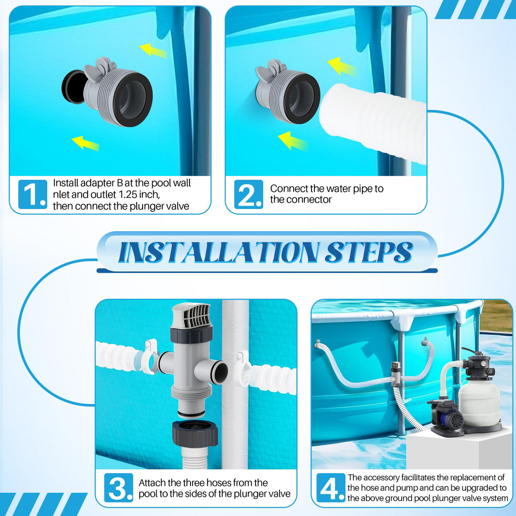 Saillong Dual Split Hose Plunger Valve Pool Part & 2 Hose Conversion Adapter B Kit Compatible with Intex Pool, Shut Off Valve with 1.25" to 1.5" Hose Adapter for Above Ground Pool and Pool Pump
