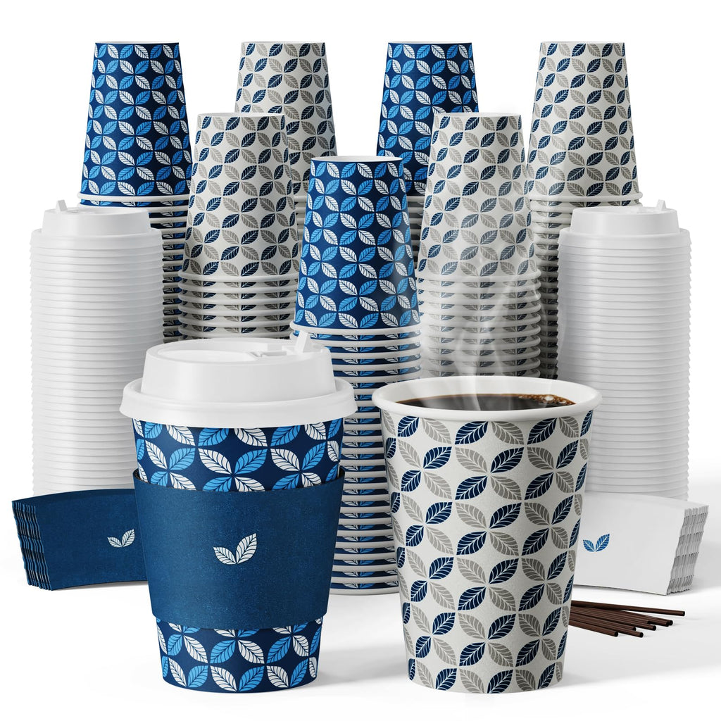 JOLLY CHEF 12oz Paper Coffee Cups with Lids 100 Pack
