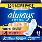 Always Ultra Thin Feminine Pads with Wings for Women, Size 4, Overnight Absorbency, Unscented, Up to 100% Leak-Free Comfort, 96 Count