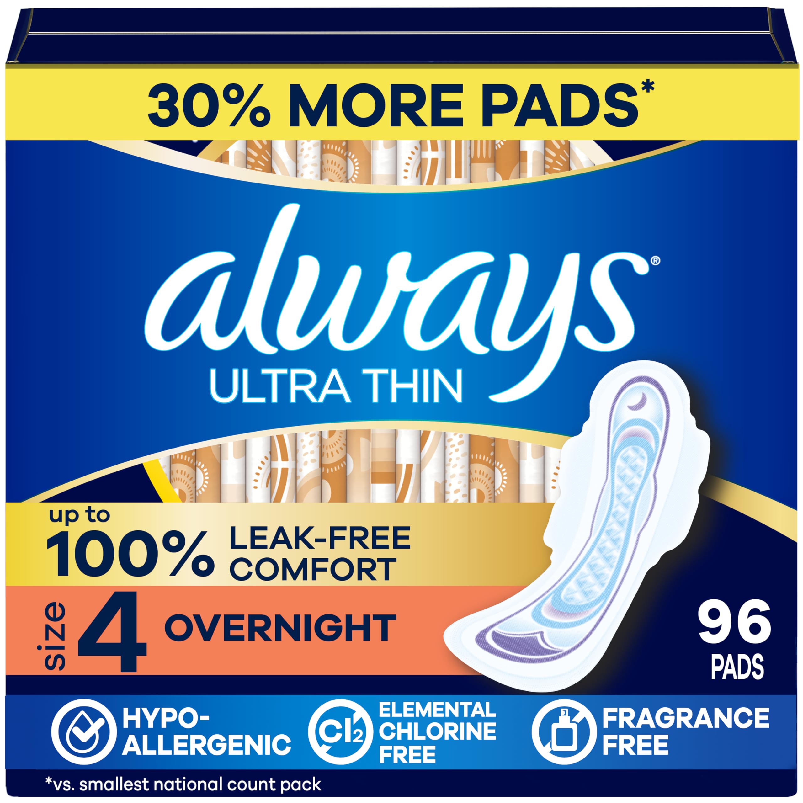 Always Ultra Thin Feminine Pads with Wings for Women, Size 4, Overnight Absorbency, Unscented, Up to 100% Leak-Free Comfort, 96 Count