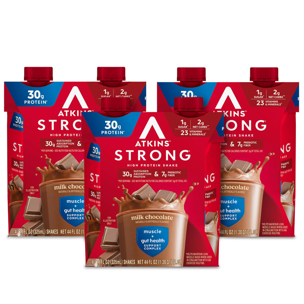 Atkins Strong High Protein Shake, Milk Chocolate, 30g Protein, 7g Prebiotic Fiber, 1g Sugar, GLP-1 Support, Muscle & Gut Health Support Complex, 12 Count