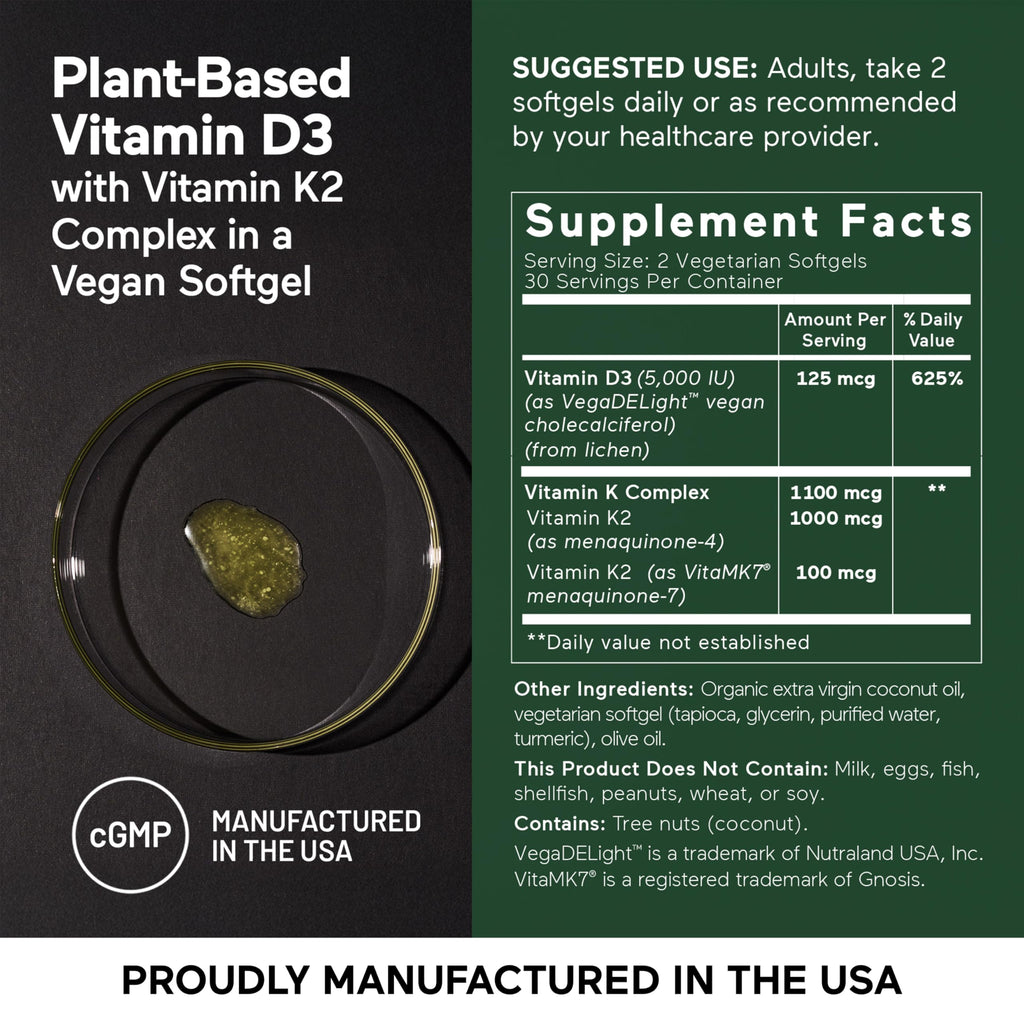 SMARTERNUTRITION Vegan Vitamin D3 5000 IU + Natural Vitamin K2 1100 mcg in Organic Coconut & Olive Oil - D3 K2 Supplement for Immune & Bone Support - 60 Softgels[30 Day Supply]