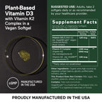 SMARTERNUTRITION Vegan Vitamin D3 5000 IU + Natural Vitamin K2 1100 mcg in Organic Coconut & Olive Oil - D3 K2 Supplement for Immune & Bone Support - 60 Softgels[30 Day Supply]