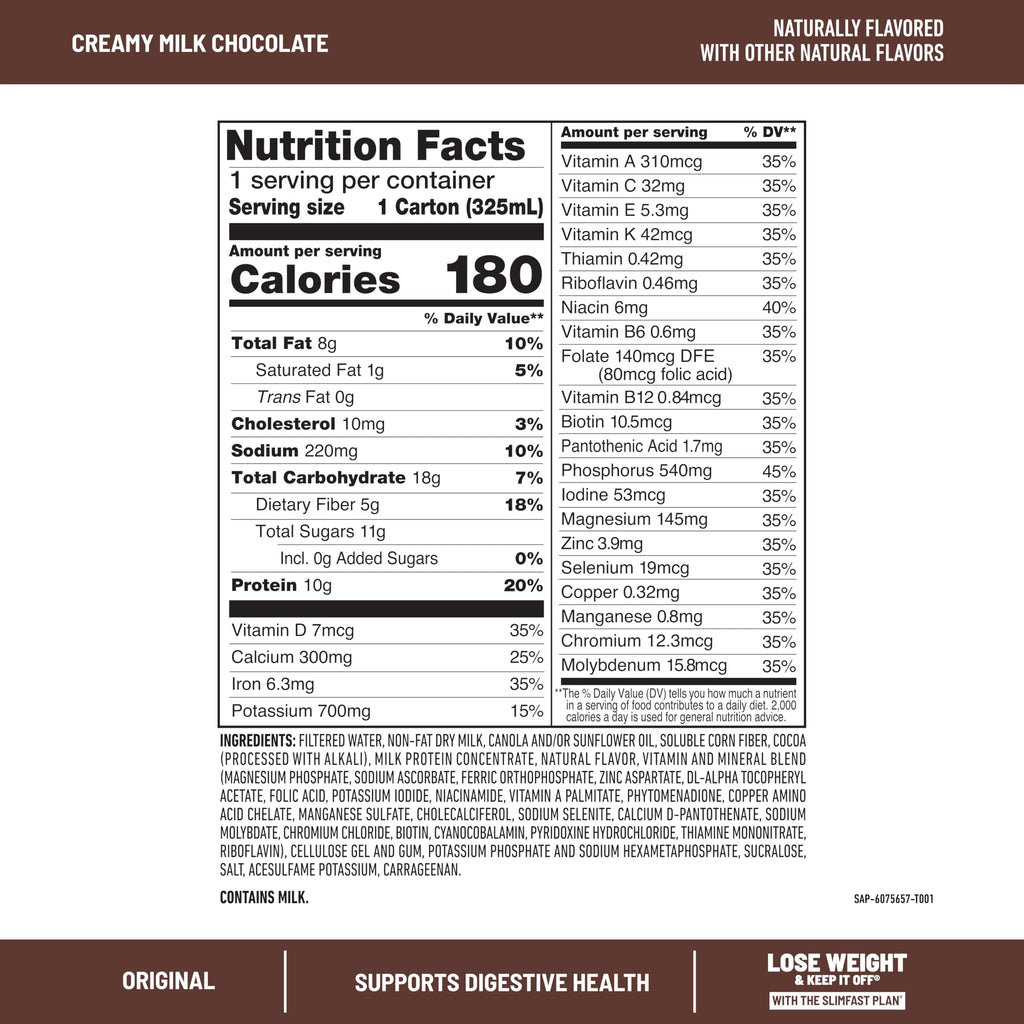 SlimFast Meal Replacement Shake, Original Creamy Milk Chocolate, No Added Sugar, Meal Replacement Shakes, 10g Ready to Drink Protein, 5g Fiber, 25 Vitamins and Minerals, 11 Fl. Oz, 12 Count
