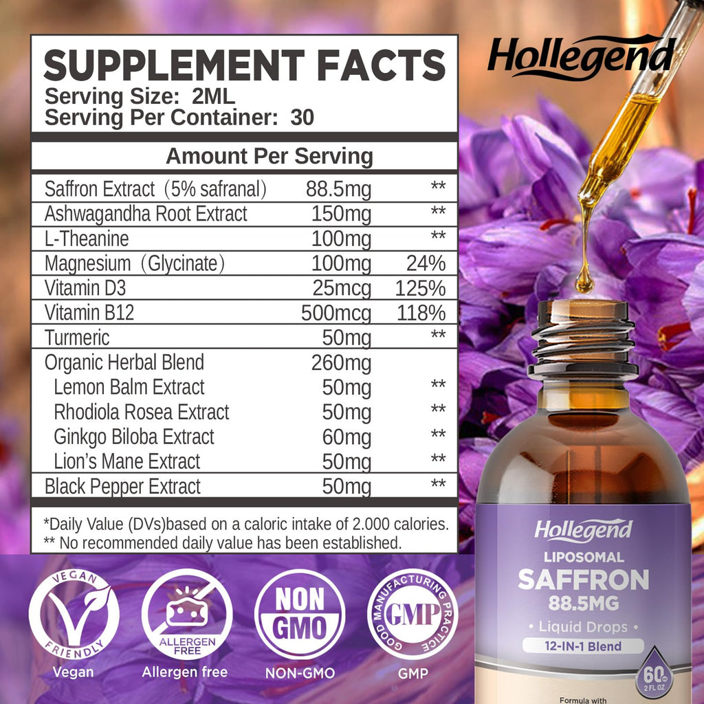 HOLLEGEND Liposomal Saffron Drops for Kids & Adults, Organic Saffron Supplement w/Magnesium, L-Theanine and Vitamins for Stress, Focus, Vision and Energy Support, Vegan, Natural Lemon Flavor, 2 FL OZ