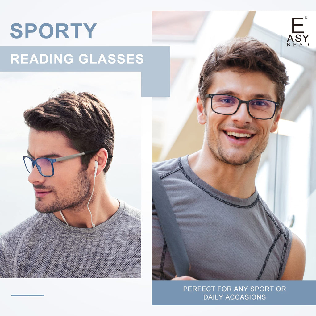 EASY READ 2 Pairs Sporty Style Reading Glasses for Men，Rectangular TR90 Blue Light Blocking Readers with Spring Hinge(Magnification 1.50,Black/Blue)