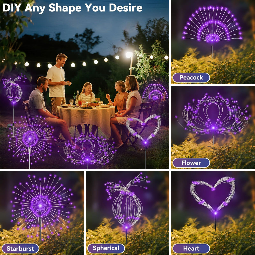 Garden Outdoor Lights, 2 Pack 120 LED Solar Garden Lights Fairy Lights Outdoor Waterproof Decorative Solar Firework Lights for Yard Patio Pathway Flowerbed Party Wedding Decor, Purple