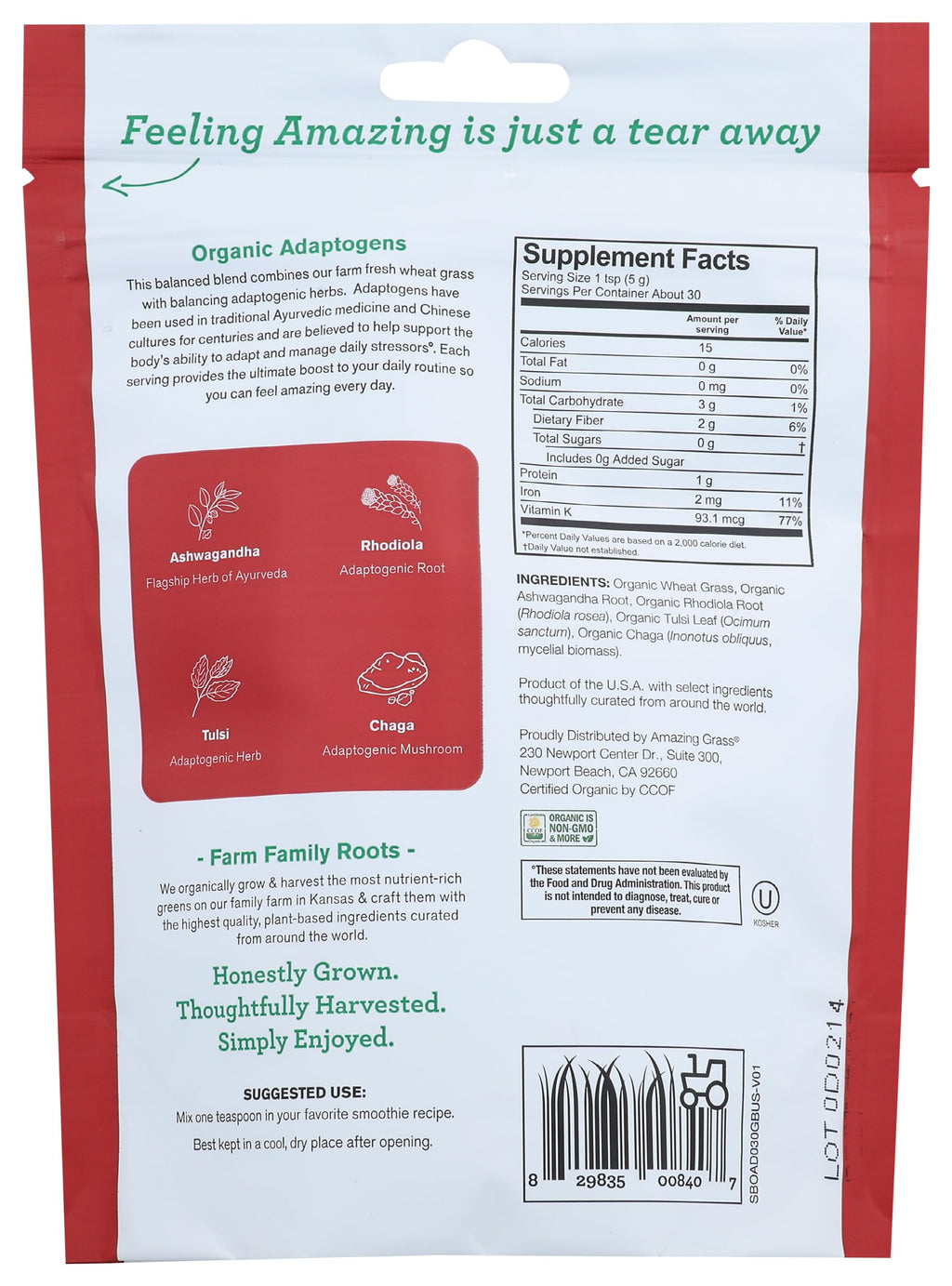 Amazing Grass Adaptogens Booster Smoothie Mix: Greens Powder with Ashwagandha, Rhodiola, Chaga & Tulsi, Smoothie Booster, 30 Servings